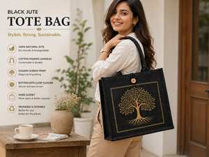 Black Laminated Jute Tote <b>Bag</b> Golden Print <b>Tree</b> Pattern Button Closure Eco Friendly Reusable Wedding Groceries Wine Custom Logo - Product Image 5