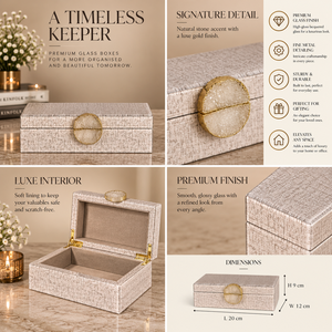 Boîte de rangement pour bijoux en verre beige lin avec accent en pierre naturelle, bordure dorée, finition brillante, doublure douce, organisateur décoratif pour souvenirs - Product Image 6