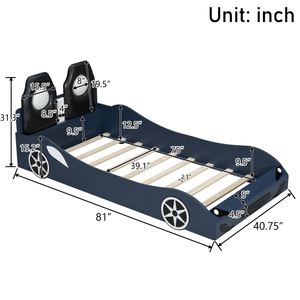 Letto a piattaforma a forma di auto da corsa blu per bambini, in legno, con luci LED e schienale imbottito - Product Image 6
