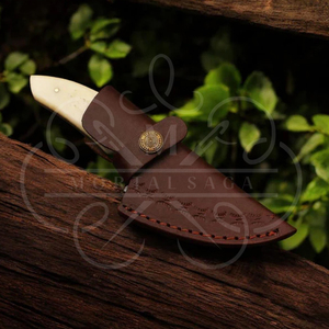 Couteau de chasse artisanal en acier Damas avec manche en os de chameau et étui en cuir – Équipement de survie extérieur haut de gamme - Product Image 3