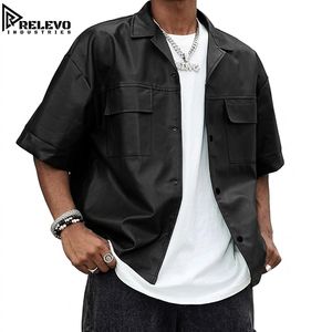 Camisa de Cuero Negra Oversize para Hombre, Manga Corta, Cierre de Botones, Estilo Casual Urbano, Cuello Solapa, Estilo Cargo - Product Image 2