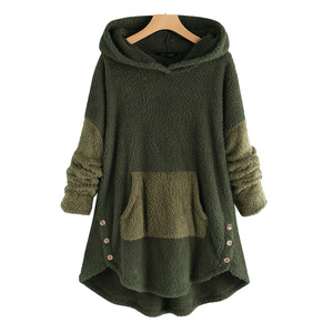 Sweat-shirt polaire oversize à capuche pour femme, manches longues, épaules tombantes, color block, poche asymétrique, vêtement d'hiver - Product Image 1
