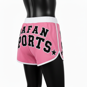 Shorts de poliéster y spandex premium de 240 GSM, color rosa, con paneles de ribete blanco y logotipo bordado. - Product Image 5