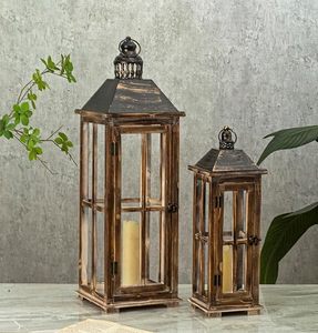 Farol de Madera Cuadrado Rústico Hecho a Mano con Acabado Marrón de Madera Quemada para Decoración del Hogar, Bodas y Patios - Product Image 1