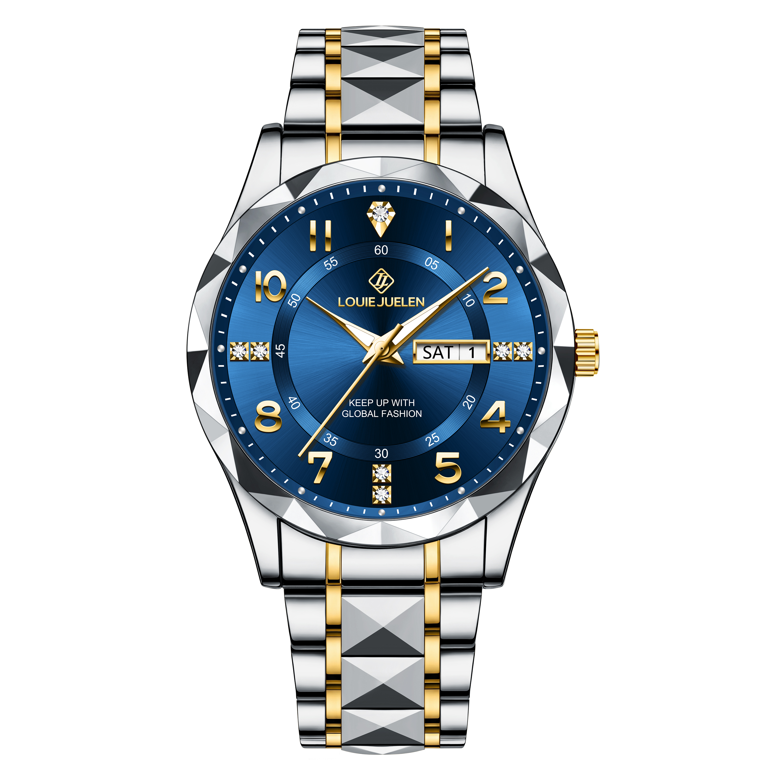 LOUIE JUELEN Simple 22mm Alloy Stainless Steel Waterproof Luxury Men's Wrist Watch Luminous Calendar Diamond Quartz Strap Design