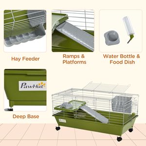 Gabbia per coniglietti da 35 pollici con ruote per piccoli animali, gabbia per porcellini d'India con ciotola per cibo, borraccia, mangiatoia per fieno, piattaforma e rampa per cincchetti - Product Image 5