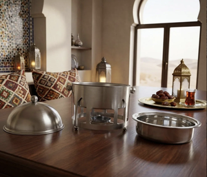 Réchaud alimentaire rond fini argenté, design arabe, aspect brillant, avec support, plat de service en métal pour buffet, fête, mariage - Product Image 2