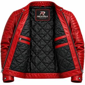 <b>Men's</b> <b>Red</b> Genuine <b>Leather</b> Eco-Friendly Moto <b>Jacket</b> Stand Collar Zipper Front Logo Slim Fit Winter Style - Product Image 4