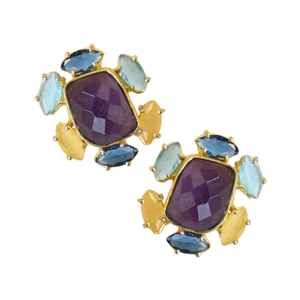 Boucles d'oreilles clous en améthyste faites à la main, plaqué or 18 carats, laiton, géométriques, classiques, pour soirée, vente en gros - Product Image 6