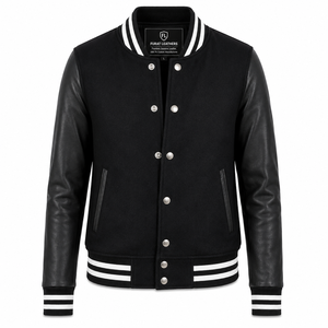 Blouson de moto Flashback Black Hybrid Varsity en cuir véritable, tricoté, avec fermeture éclair, col ouvert, couleur unie, automne - Product Image 1