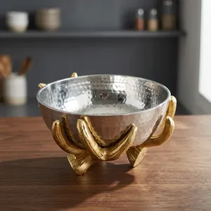 Round White Metal Bowl on Golden Brass Stem Stand for Chips <b>Dips</b> Snacks Decorative Serveware Tableware Home Hotel Restaurant - Product Image 6