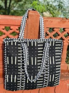 <b>Black</b> Geometric <b>Tote</b> <b>Bag</b> | <b>Quilted</b> Cotton Shoulder Shopping <b>Bag</b> | Handmade <b>Tote</b> <b>Bag</b> For Shopping, Travel, Beach <b>Bag</b> For Women's - Product Image 4