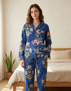 Conjunto de Pijama de Manga Larga para Mujer, Diseño Floral en Algodón Azul, Hecho a Mano, Transpirable, para Primavera, Verano y Otoño - Product Image 3