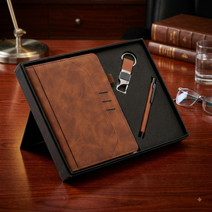 Aurelux Luxury Brown Velvet Cover Case Bound <b>Notebook</b> Corporate Gift <b>Set</b> 192 Pages Premium Metal Keychain Professional Writing - Product Image 2