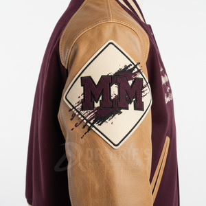 Veste universitaire pour homme, couleur crème et bordeaux, manches en cuir, broderie M48, style preppy, col rabattu, automne, grande taille - Product Image 4