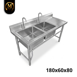 Professional Double Bowl <b>Sink</b> Right Platform 0.8mm Thickness Stainless Steel Freestanding Commercial Kitchen <b>Drainer</b> Table - Product Image 5