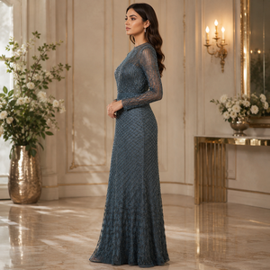 Women's Luxury Blue Beaded Mermaid Evening Gown Long Sleeve <b>Sequin</b> Formal Dress Elegant Party Prom Wedding Guest Maxi Dress - Product Image 4