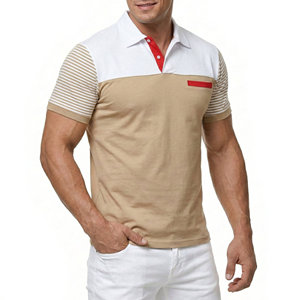 Polo décontracté pour hommes en gros, personnalisé, à blocs de couleur, manches rayées, en coton tricoté, avec poche poitrine, coupe ajustée, pour l'été - Product Image 3