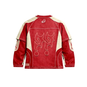 Nouvelle arrivée, sweat-shirt à manches longues en denim délavé de couleur rouge pour homme, col rond, patchwork, pull personnalisé, streetwear - Product Image 3