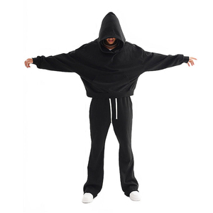 Custom Men Heavyweight Cotton Baggy Sweatshirt Tracksuit Unisex Boxy Cropped Hoodie and Flared Wide Leg <b>Sweatpants</b> <b>Sets</b> - Product Image 5