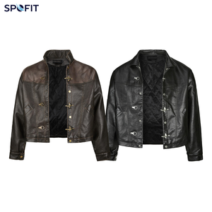 Brown Leather <b>Jacket</b> Moto Biker Style Stand Collar <b>Short</b> Length Regular <b>Sleeve</b> Solid Color Button Closure Autumn Wear - Product Image 2