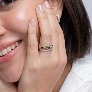 14K Solid Gold Art Deco Inspired Graduated Natural <b>Blue</b> Sapphire Gemstone and Diamond <b>Ring</b> Luxury Fine Jewelry Wedding Band <b>Ring</b> - Product Image 5