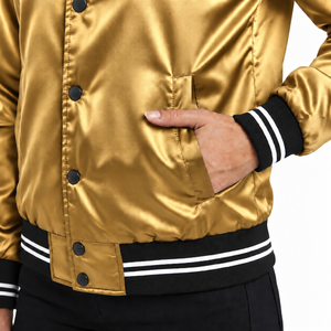 Chaqueta Varsity Dorada de Satén para Mujer, Manga Larga, Cuello Camisero, Ribete en Contraste, Corte Regular, Ropa de Invierno, Transpirable, Resistente al Viento, 100% - Product Image 4