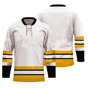 Men's White Yellow Black Ice Hockey Jersey Full Sleeve Sublimated Moisture Wicking Regular Fit Adult Apparel - Product Image 2