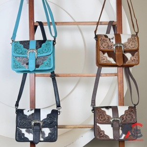 Western Style Hair on Cowhide Tooled Floral Leather Women Messenger Bags Vintage Buckle Crossbody Shoulder Purse Handbags - Product Image 1