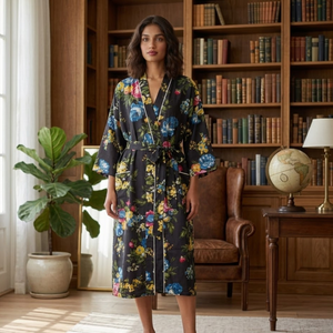 ชุดกิโมโนยาวลายดอกไม้สีดำที่เป็นมิตรต่อสิ่งแวดล้อม |   ชุดคลุมอาบน้ำผ้าฝ้ายทำมือพร้อมกระเป๋า |   ชุดเดรสคอวีแขนยาวสำหรับใส่พักผ่อน - Product Image 5