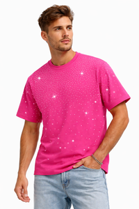 Men's Pink <b>Rhinestone</b> T-Shirt Cotton Crew Neck Short Sleeve Casual Streetwear Fashion Tee Summer <b>Top</b> for Men Breathable Graphic - Product Image 2