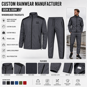 Windproof Hooded Solid Nylon Fabric <b>Zip</b> Pocket Chest Design Two Piece Windbreaker Set Custom Color Combination Wholesale Bulk - Product Image 4