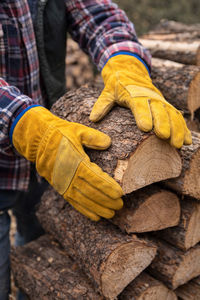 Gants de travail en cuir croûte jaune avec manchette longue pour travaux extérieurs intensifs et manipulation du bois - Product Image 3