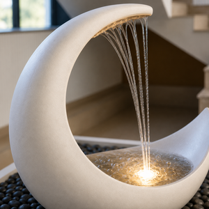 Fontaine de lune en marbre blanc de luxe, fontaine d'intérieur moderne, fontaine décorative en forme de croissant, design zen asiatique, respectueuse de l'environnement - Product Image 3
