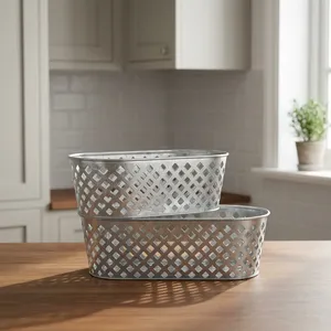 Oval Metal <b>Decorative</b> Baskets Set Geometric Pattern Minimalist Design Lightweight 2Pcs <b>Bathroom</b> Organization Ramadan Wedding - Product Image 2