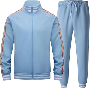 <b>Men's</b> Sporty Tracksuit Set Cream Navy Striped Full Sleeve Zipper <b>Jacket</b> Jogger Pants Breathable Autumn Wear Regular Fit - Product Image 4