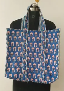 Traditional Blue Cotton Tote Bag with Floral Print Bohemian Style <b>Summer</b> Casual Open Top Shopping <b>Handbag</b> for Women - Product Image 4