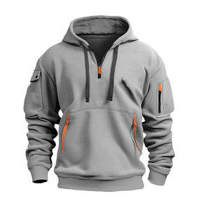 Men's <b>Navy</b> Blue Half Zip Hooded Sweatshirt Regular Fit Casual Knitted Fleece Autumn Wear With Orange Zippers And Pockets - Product Image 6