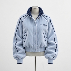 <b>Womens</b> Light Blue Fleece Bomber <b>Jacket</b> With <b>Navy</b> Piping High Collar Snap Button Closure Ribbed Cuffs Cropped Fit Wholesale - Product Image 3