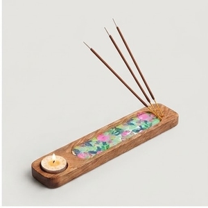 Mango Wood <b>Incense</b> <b>Holder</b> With Enamel Coated Floral Inlay and Candle <b>Holder</b> for Aromatherapy Use - Product Image 3