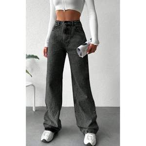 Jean en denim gris de luxe pour femme, taille haute, coupe ample à jambe large, avec placage écologique durable, style streetwear, taille (2640) - Product Image 1