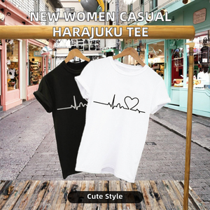 Camiseta de Verano con Estampado de Latidos del Corazón, Linda, Unisex, de Poliéster, Cuello Redondo, Manga Corta, Informal, Transpirable, Geométrica, Blanca y Negra - Product Image 6