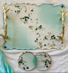 Tazón de Servir Mediterráneo Personalizado de Resina Costera con Asa Dorada, Bandeja para Postres para Fiestas en la Playa, Acabado de Alta Calidad Hecho a Mano - Product Image 2
