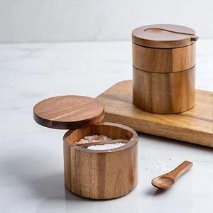 Juego de tarros de especias de madera con tapas y cucharas de bambú, contenedor de especias de madera de acacia con tapa, recipiente de sal de madera natural para cocina - Product Image 3