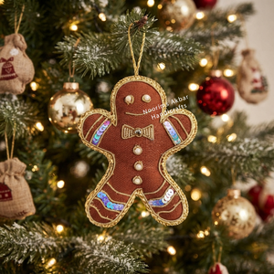 Handmade Gingerbread Man Embroidered Christmas <b>Ornament</b> with Sequin Detail Medium Size Hanging Decoration - Product Image 6