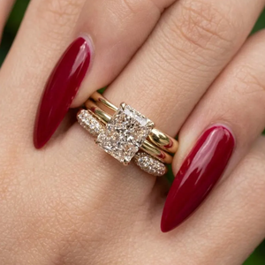 Anillo de Diamantes Cultivados en Laboratorio con Corte Radiante de 3 Quilates, Color E, Claridad VVS2 VS1, Certificado, Juego de Cuatro Piezas, Chapado en Oro de 10K/14K/18K, para Novia - Product Image 3
