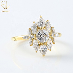 Asscher Cut Moissanite Diamond Cluster <b>Ring</b>, Vintage Style <b>Ring</b>, 14k Gold Floral Halo Cluster Engagement <b>Ring</b> For Women - Product Image 3