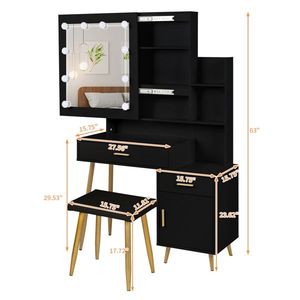 Modern <b>Dressing</b> Table Set 2 Drawers 1 Door 2 Shelves Mirror Cabinet 3 Light Bulbs Black-Triamine Veneer Particleboard Bedroom - Product Image 2