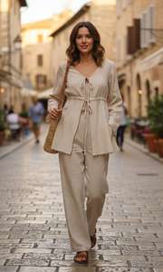 Conjunto coordinado de lino beige: Túnica de manga larga con lazo frontal y detalles delicados de borde sin rematar, y pantalones anchos a juego. - Product Image 2