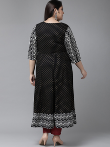 Kurti Anarkali noir en rayonne à imprimé géométrique doré, col rond et manches trois quarts, pour femmes grandes tailles - Product Image 3